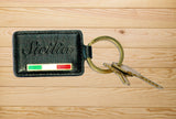 Sicilia Keychain - Black Embossed Leather with Flag - SALE