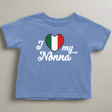Blue t-shirt with 'I love my Nonna' text and Italian flag heart on a white background