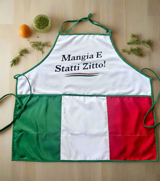Mangia Apron – Italian Flag Christmas with “Mangia E Statti Zitto!” Funny Gift for Chefs