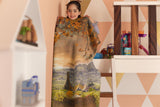 Woman holding a scenic fabric with a blurred room background