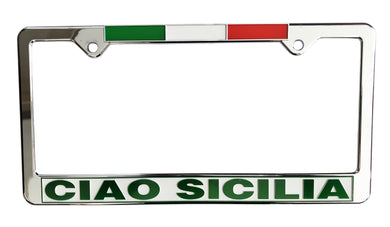 Ciao Sicilia License Plate Silver Frame with Flag