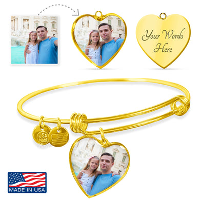 Custom Photo Gold Heart Charm Bangle Bracelet