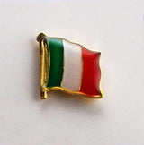 Metal lapel pin shaped like a waving Italian flag with vertical stripes in green, white, and red. Gold-colored edges and flagpole add elegance, while the 1"x5" size and secure metal clasp make it ideal for jackets, hats, or bags. A stylish symbol of Italian pride and heritage.