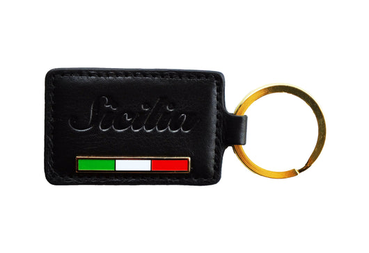 Sicilia Keychain - Black Embossed Leather with Flag
