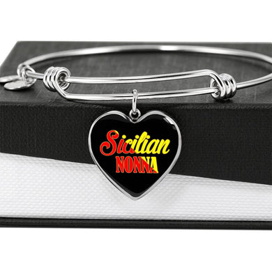 Sicilian Nonna with Black Heart Charm Bangle in Gold & Stainless Steel