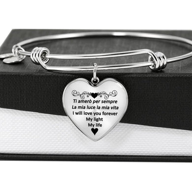 I Will Love You Forever with Transparent Heart Charm Bangle in Gold & Stainless Steel