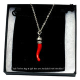 Italian Red Horn Necklace - Silver Cornicello Good Luck Pendant with Sterling Silver Chain