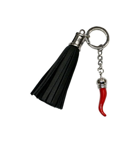 Italian Red Horn Keychain with Black Leather Tassel